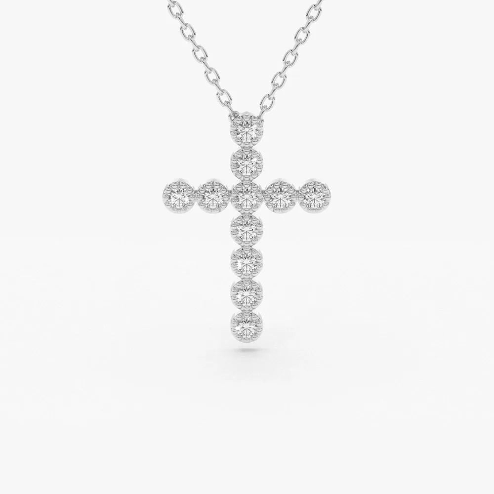 14K Solid Gold Round Diamond Cross Pendant Necklace Milgrain Bezel Set 0.20ctw