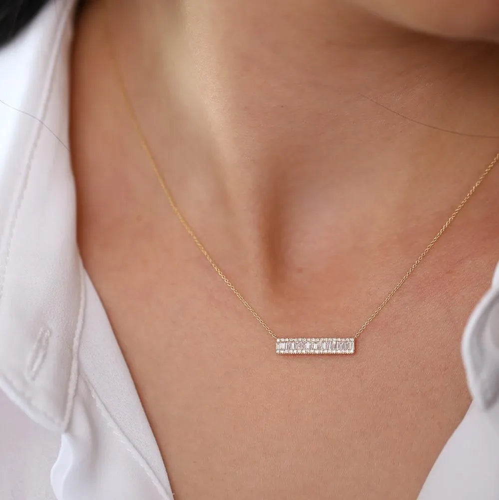 14K Solid Gold Baguette and Round Diamond Horizontal Bar Necklace 0.50ctw