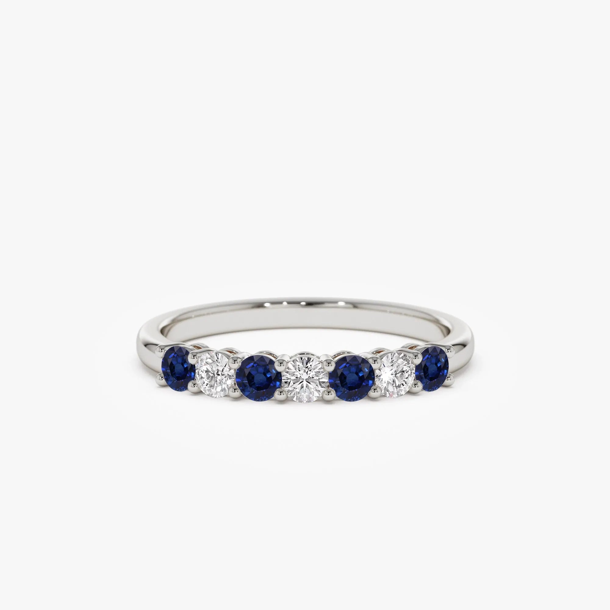 14k Gold Diamond and Sapphire Round Cut 7 Stone Basket Setting Wedding Ring 0.43 ctw