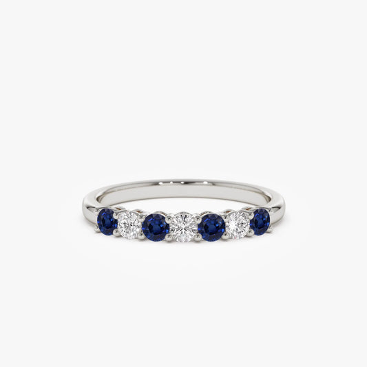 14k Gold Diamond and Sapphire Round Cut 7 Stone Basket Setting Wedding Ring 0.43 ctw