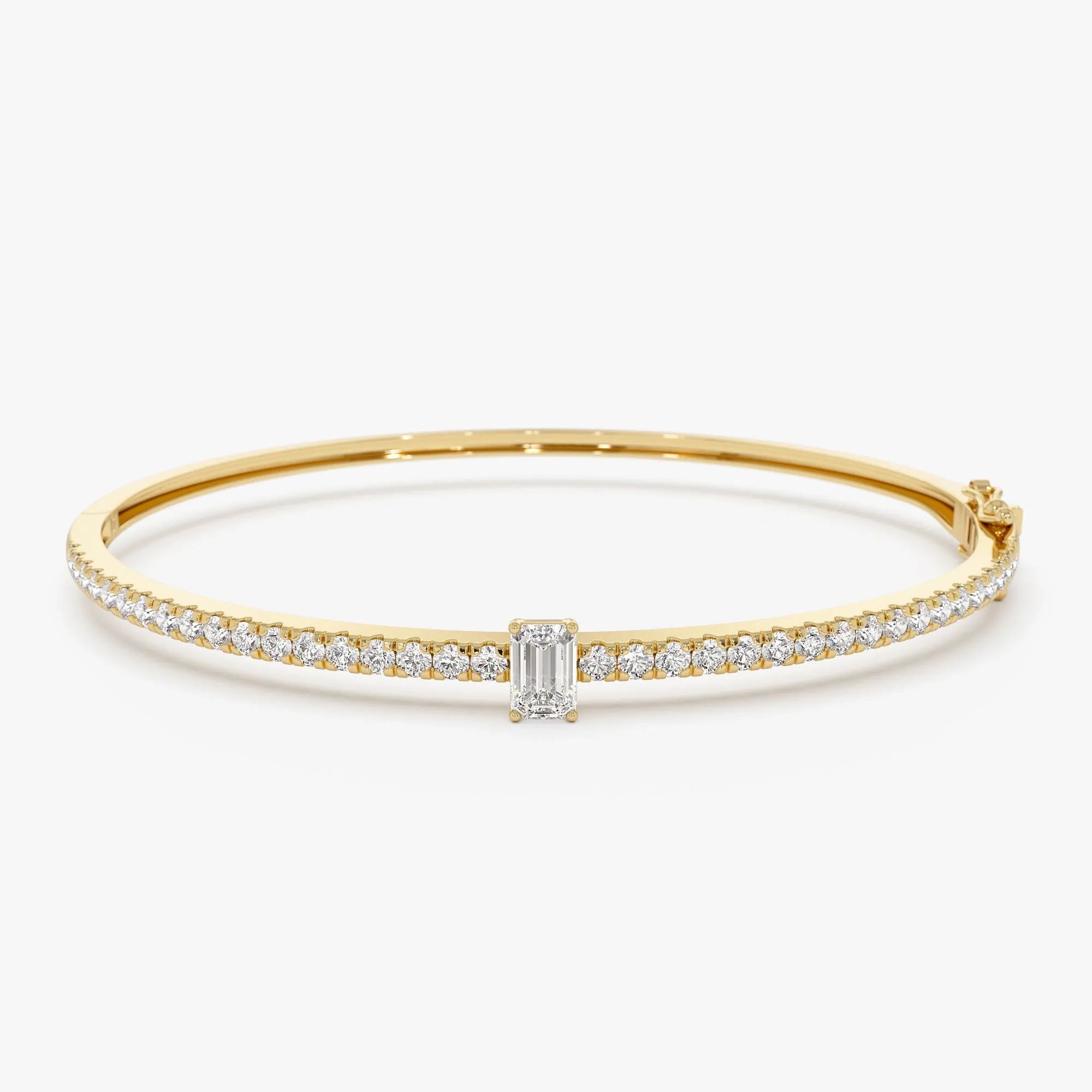 14K Solid Gold 1.05 CTW Emerald Cut and Round Diamond Bangle