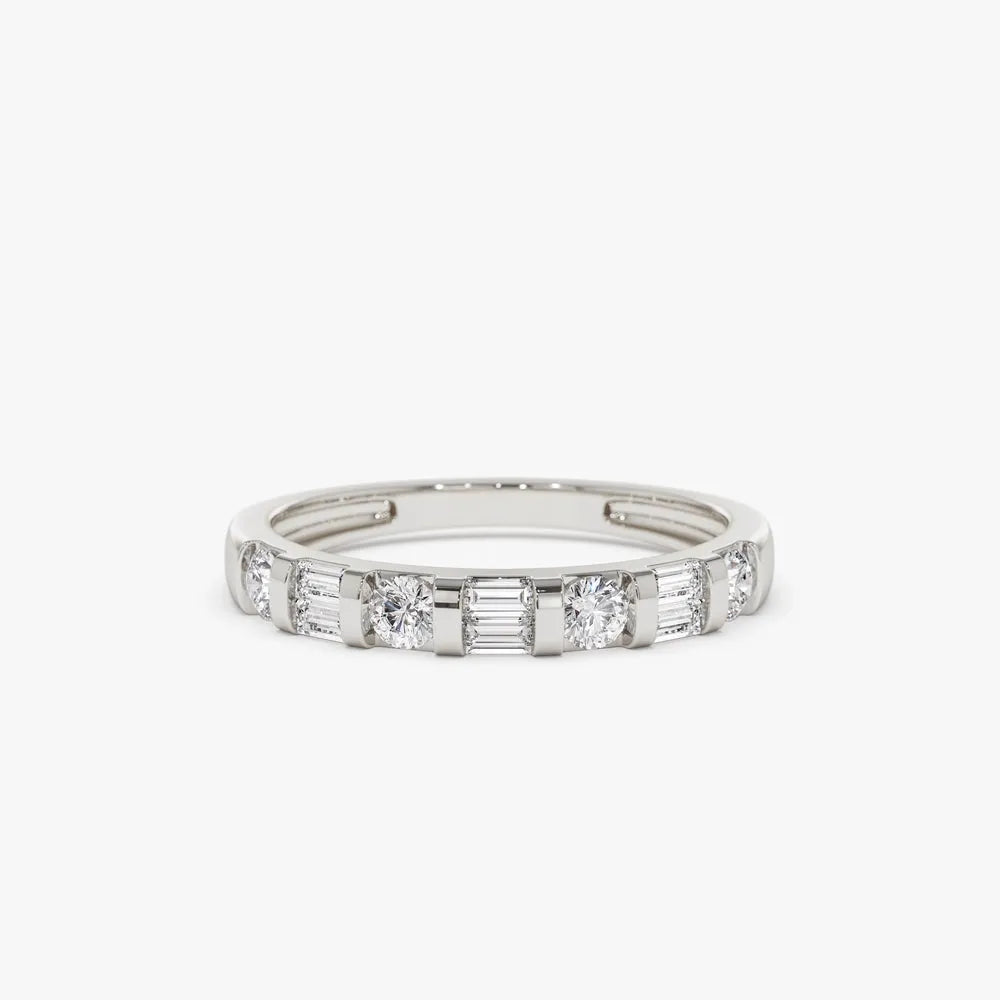 14K Solid Gold Double Baguette and Round Diamond 0.50 Carat Wedding Ring