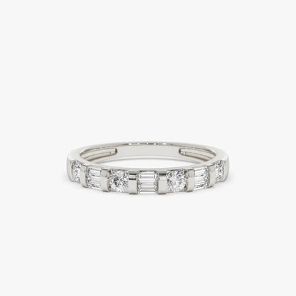 14K Solid Gold Double Baguette and Round Diamond 0.50 Carat Wedding Ring
