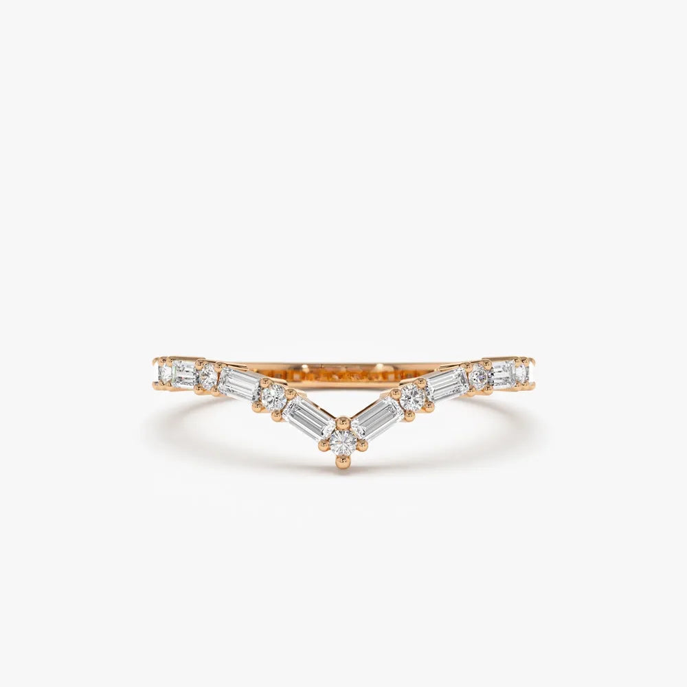 14k Gold Baguette and Round Diamond 0.36 ctw Chevron Ring