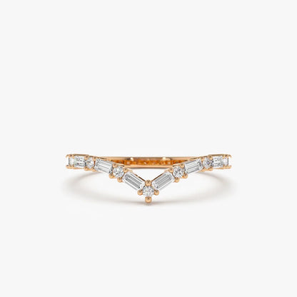 14k Gold Baguette and Round Diamond 0.36 ctw Chevron Ring