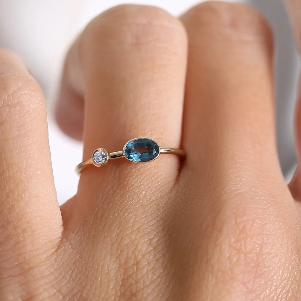 14K Solid Gold Oval London Blue Topaz and Diamond 0.59ctw Bezel Set Ring