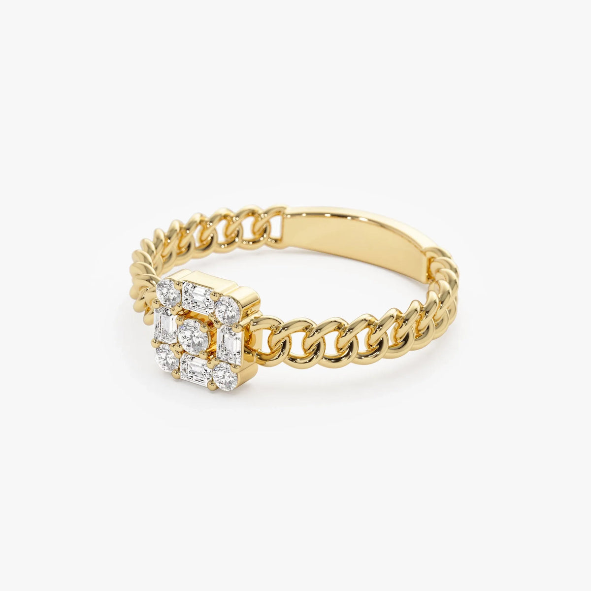 14K Solid Gold Baguette Diamond 0.20 Carat Curb Link Illusion Setting Ring