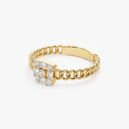 14K Solid Gold Baguette Diamond 0.20 Carat Curb Link Illusion Setting Ring