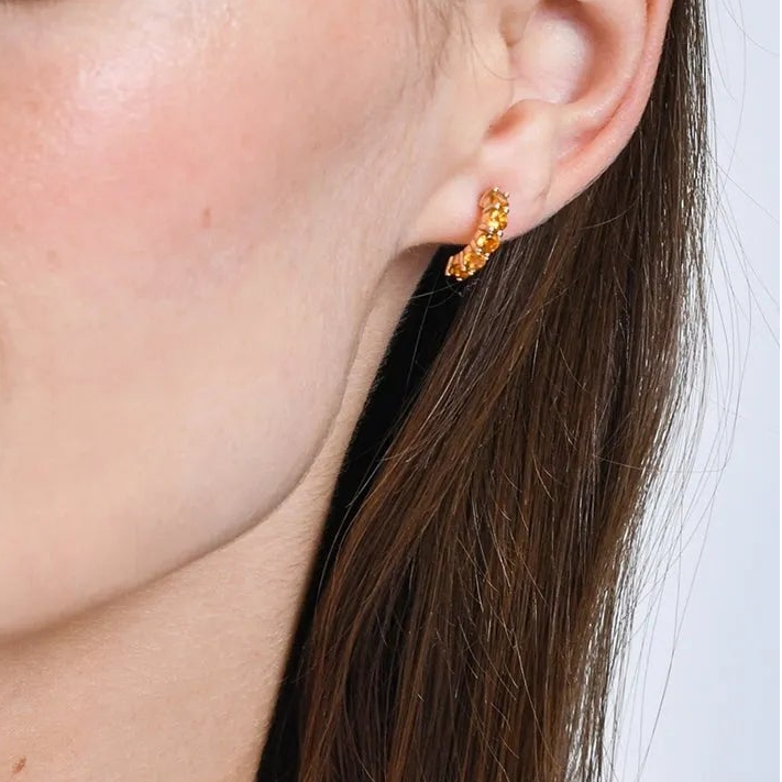 14K Solid Gold Round Citrine Prong Set Half Hoop Earrings 1.00ctw