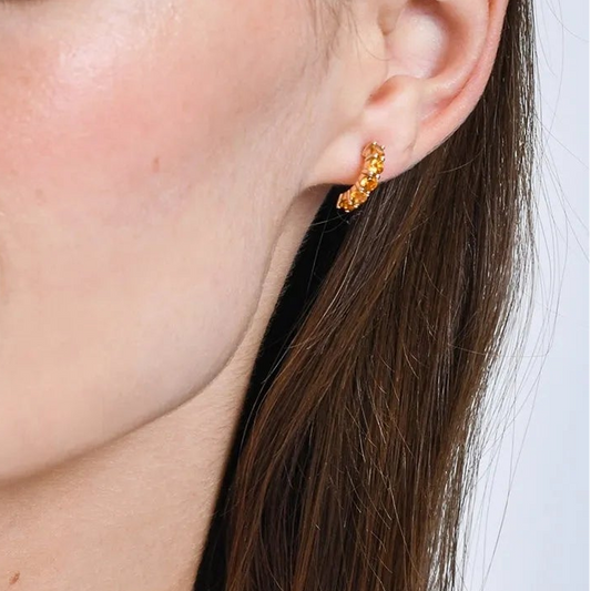 14K Solid Gold Round Citrine Prong Set Half Hoop Earrings 1.00ctw
