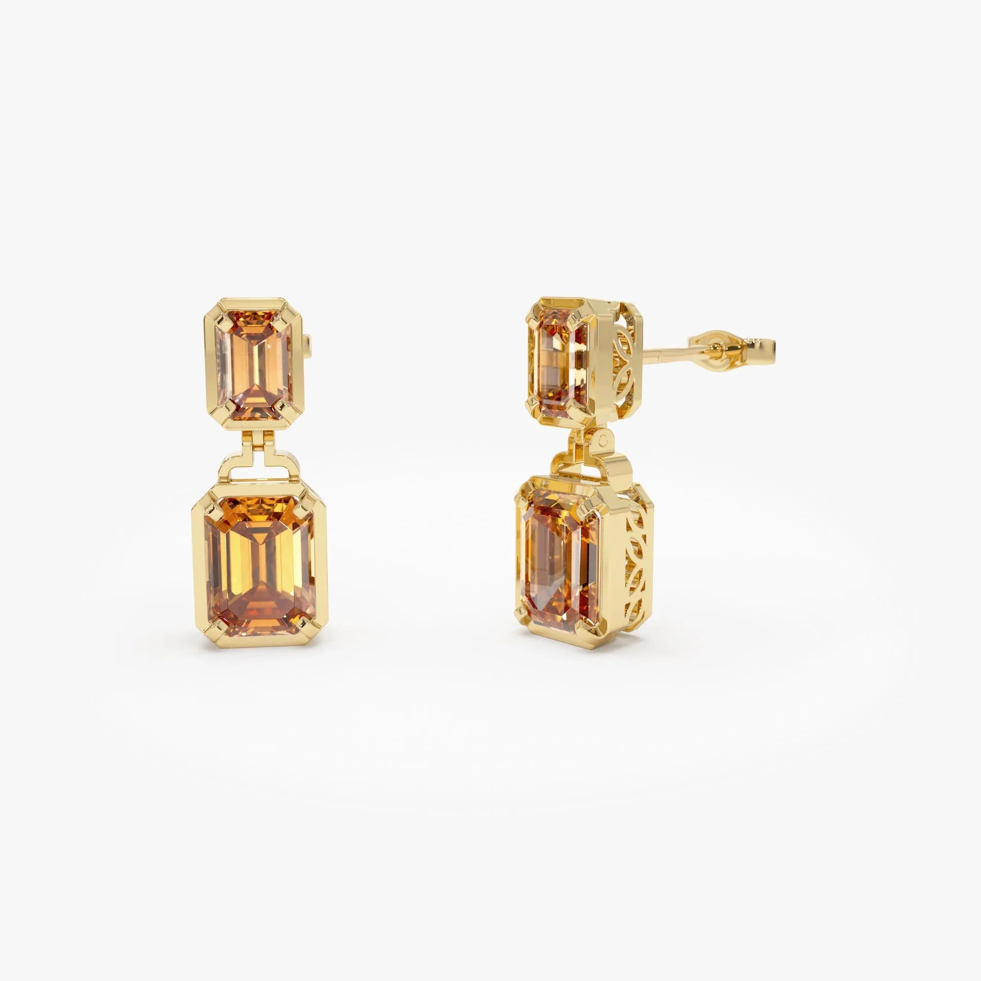14K Solid Gold Octagon Cut Citrine Dangle Drop Earrings 4.0ctw