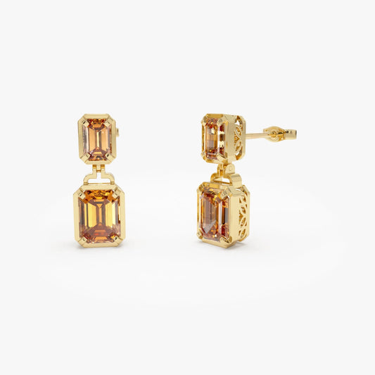 14K Solid Gold Octagon Cut Citrine Dangle Drop Earrings 4.0ctw