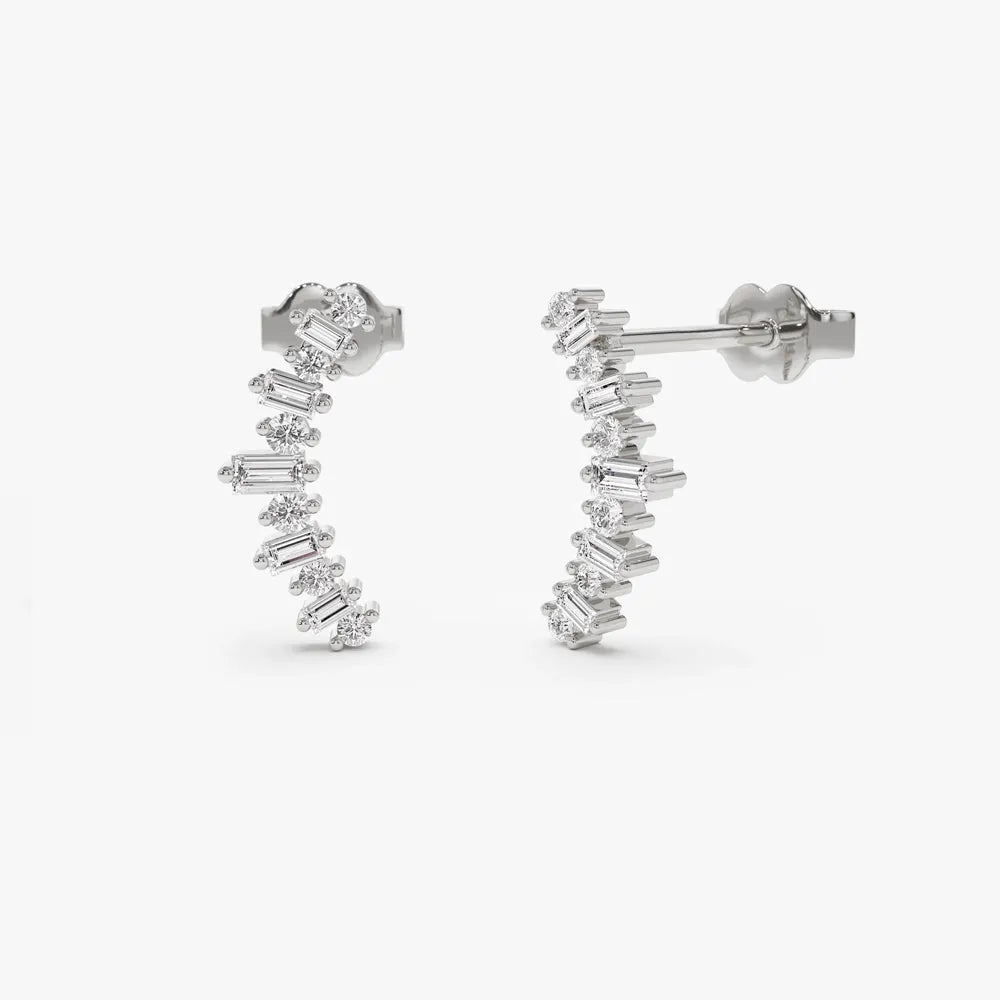 14k Gold Diamond Baguette and Round Cut Ear Crawler Earrings Prong Setting 0.35 ctw