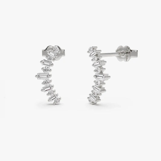 14k Gold Diamond Baguette and Round Cut Ear Crawler Earrings Prong Setting 0.35 ctw