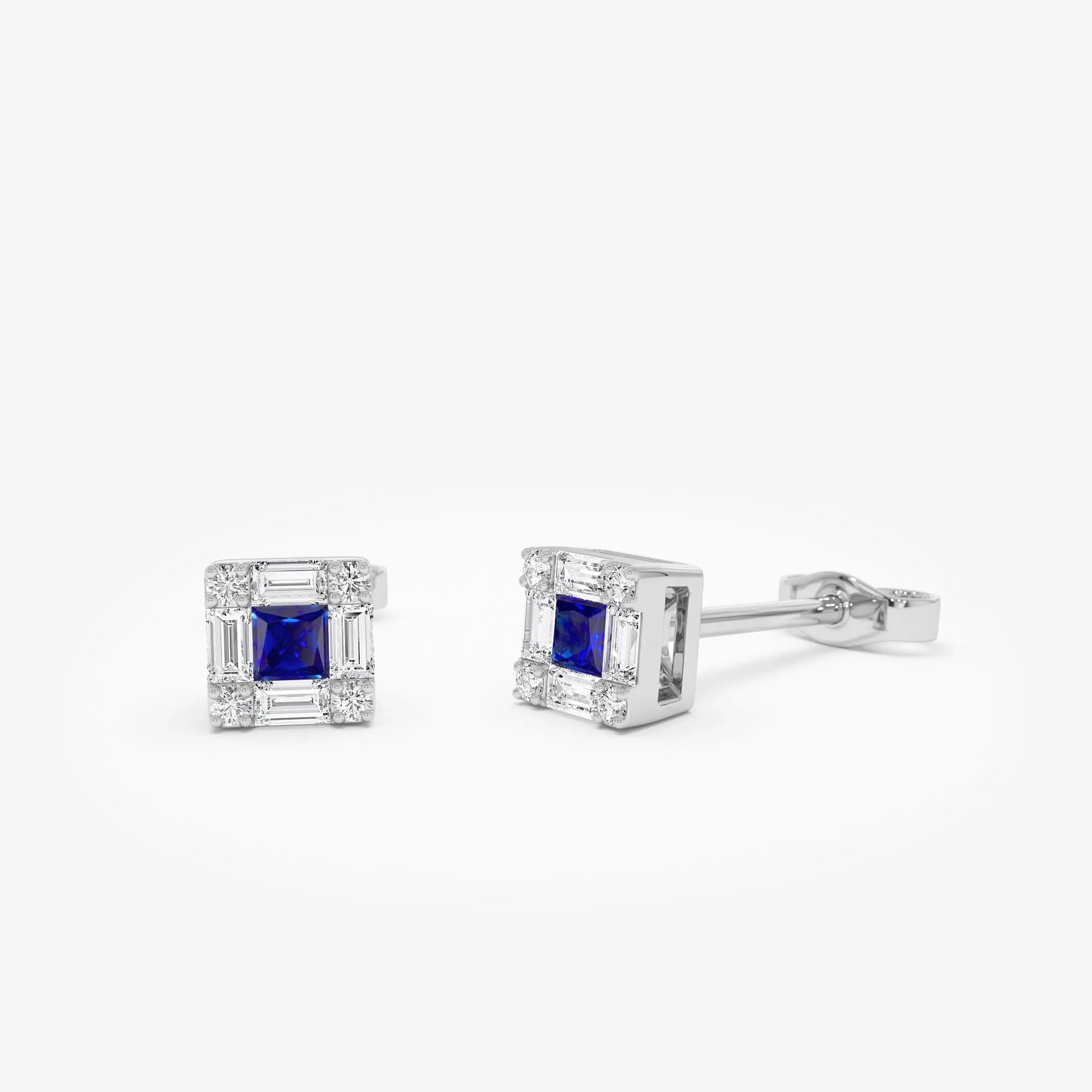 14k Solid Gold Princess Cut Blue Sapphire and Diamond Halo Stud Earrings 0.37 ctw