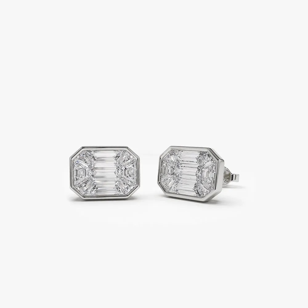 14k Gold Diamond Baguette Step Cut Mosaic Illusion Stud Earrings Invisible Bezel 0.80 ctw