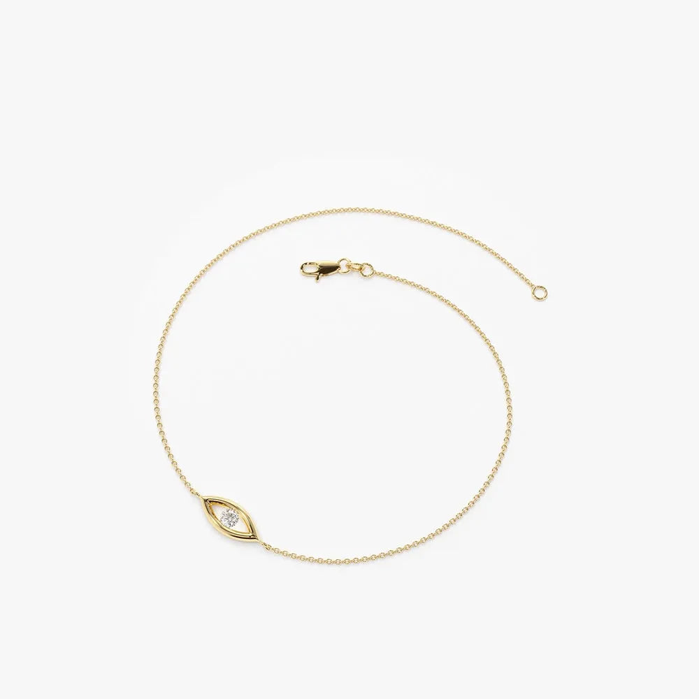 14K Solid Gold Round Diamond Evil Eye Bracelet Channel Setting 0.08 Carat