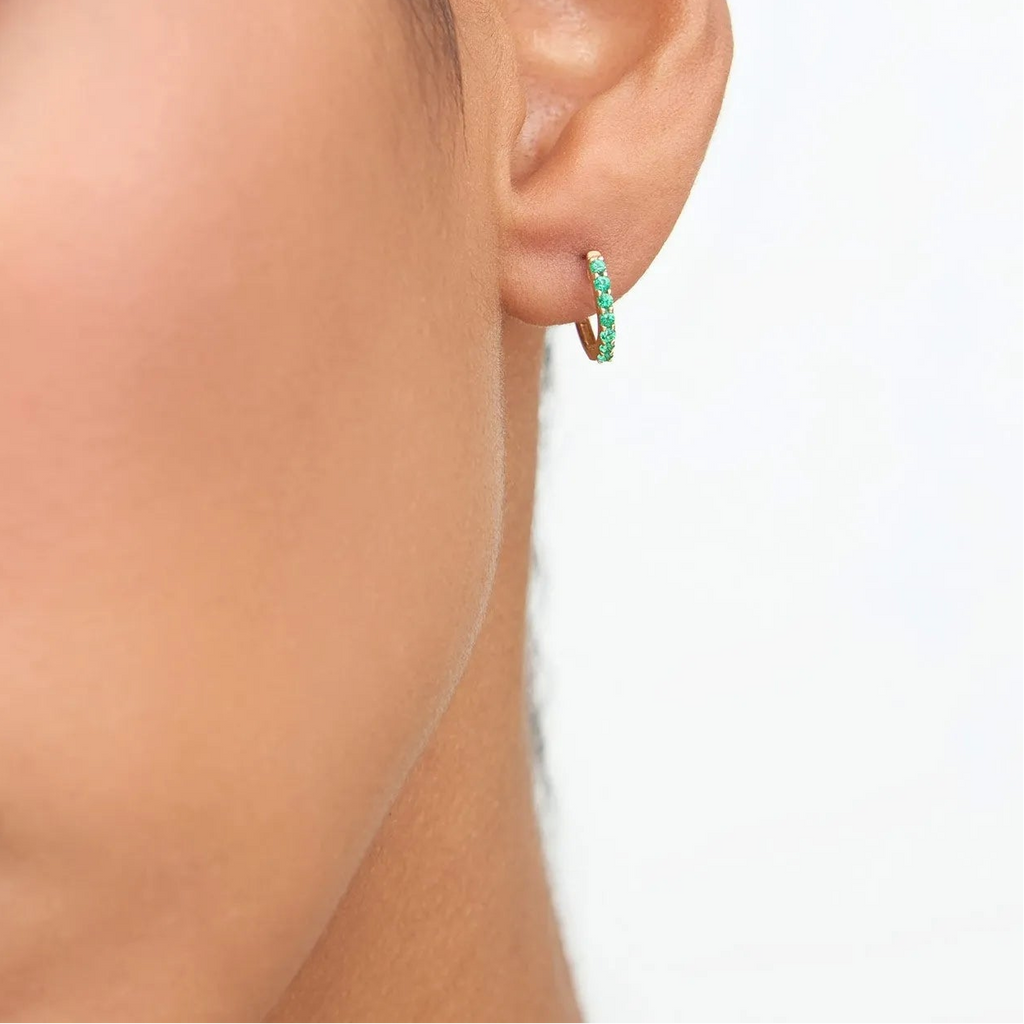 14K Solid Gold Round Emerald Huggie Hoop Earrings 0.25 CTW
