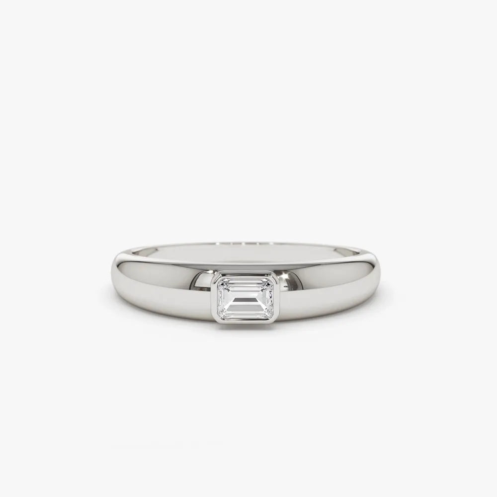 14k Gold Emerald Cut Diamond Solitaire Ring Dome Bezel Setting 0.12 ctw
