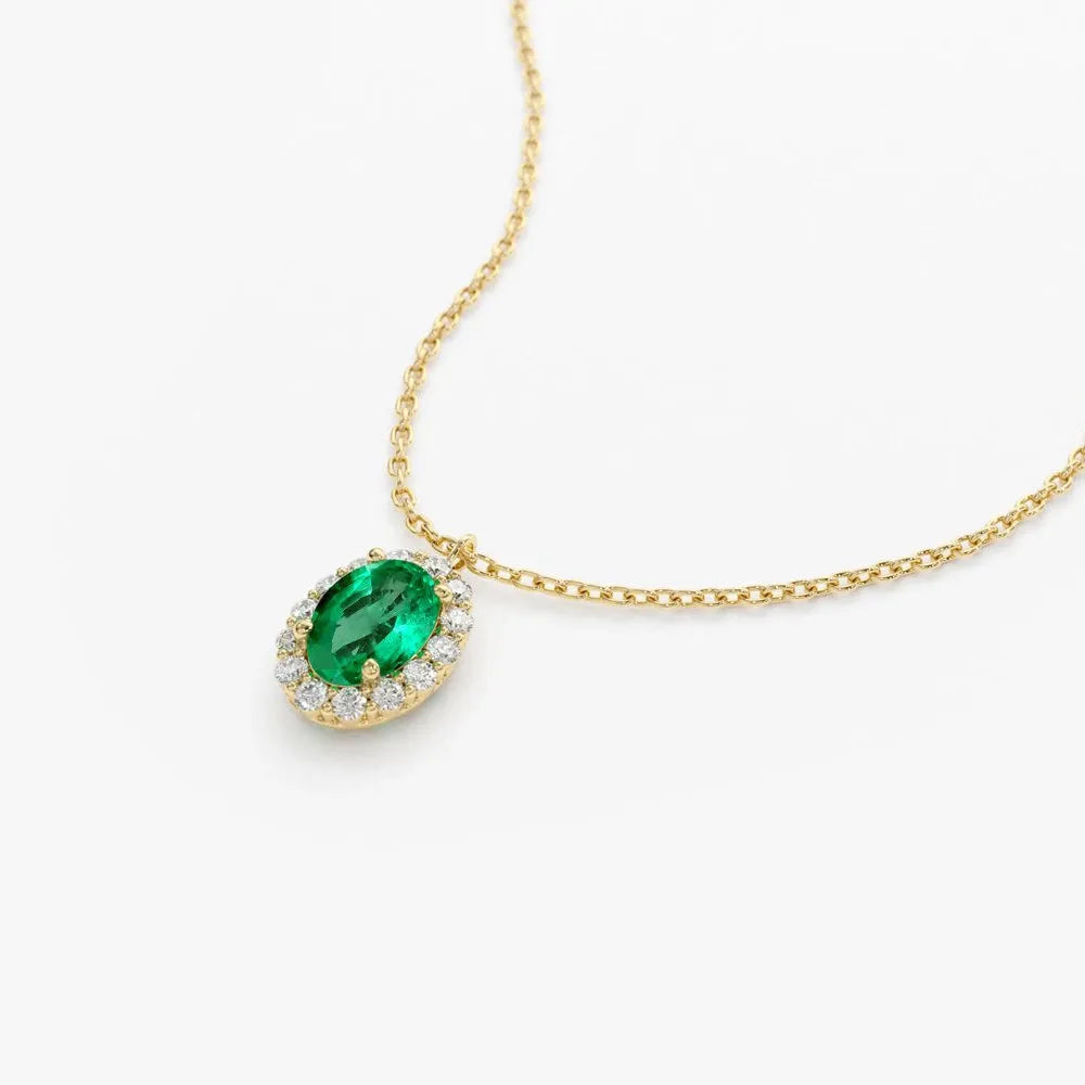 14k Solid Gold Oval Cut Emerald 0.48 CTW and Round Diamond 0.15 CTW Halo Pendant Necklace Prong Setting