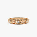 14K Solid Gold Round Diamond 0.12 Carat Ribbed Three Stone Ring