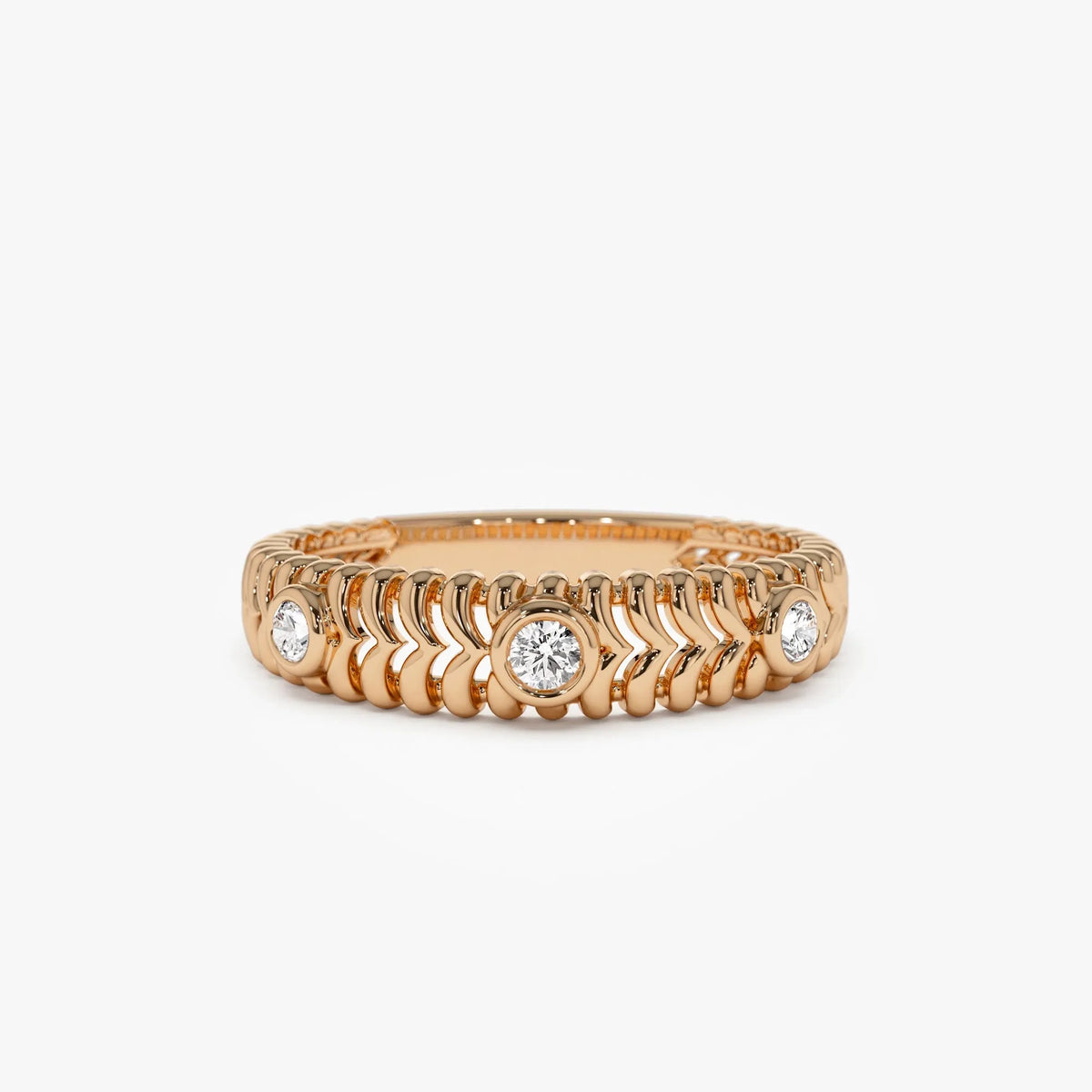 14K Solid Gold Round Diamond 0.12 Carat Ribbed Three Stone Ring
