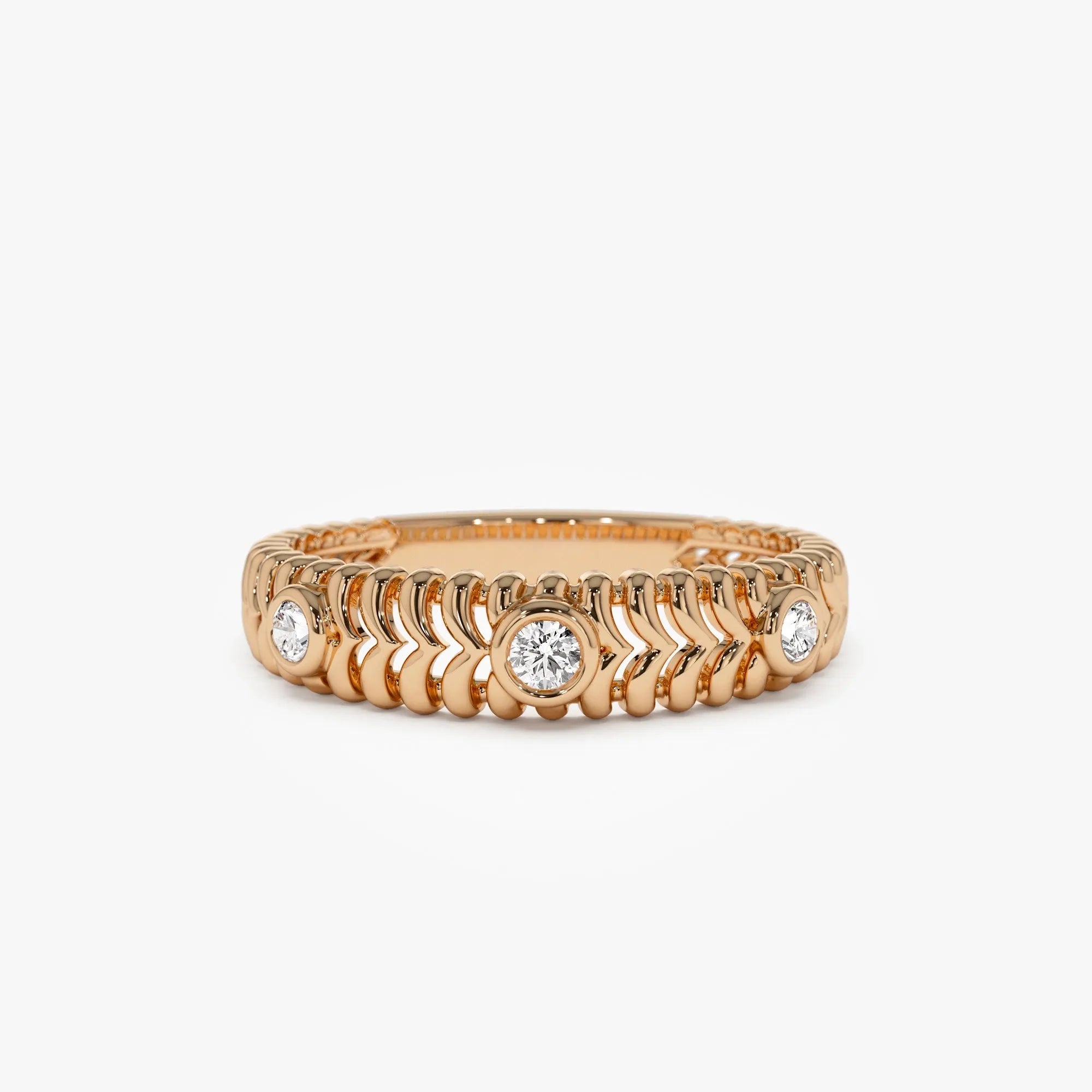 14K Solid Gold Round Diamond 0.12 Carat Ribbed Three Stone Ring