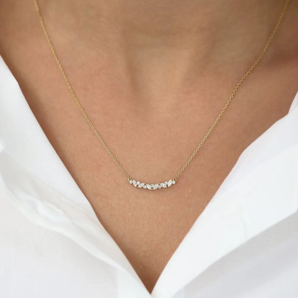 14K Solid Gold Marquise and Round Diamond Slanted Necklace 0.28ctw
