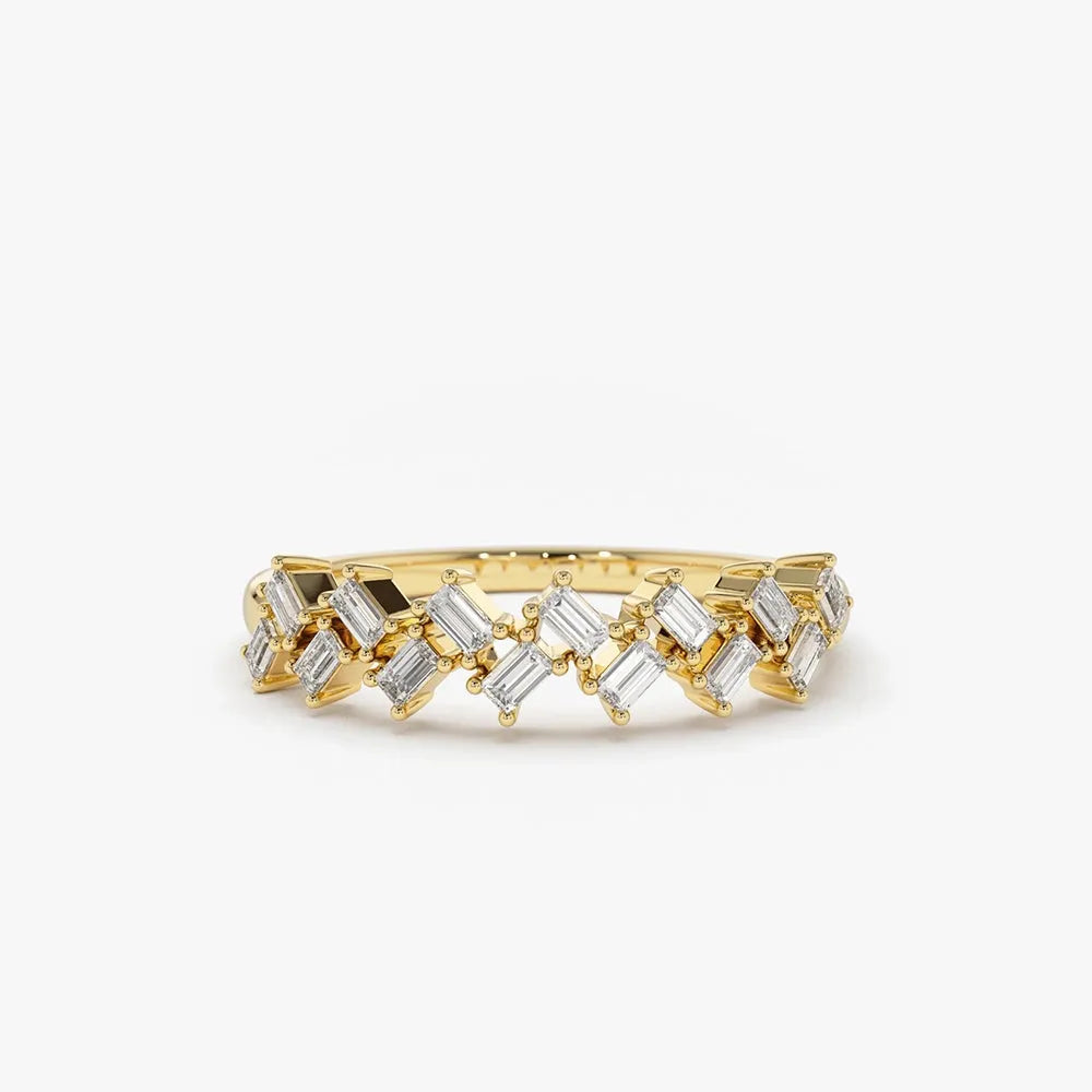 14K Solid Gold Baguette Diamond Zig Zag Shared Prong Ring 0.32 CTW