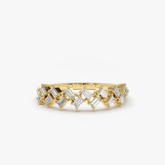 14K Solid Gold Baguette Diamond Zig Zag Shared Prong Ring 0.32 CTW