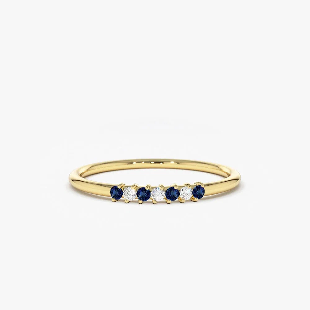 14k Gold Sapphire and Diamond Round Cut Petite Ring 0.11 ctw