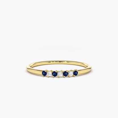 14k Gold Sapphire and Diamond Round Cut Petite Ring 0.11 ctw