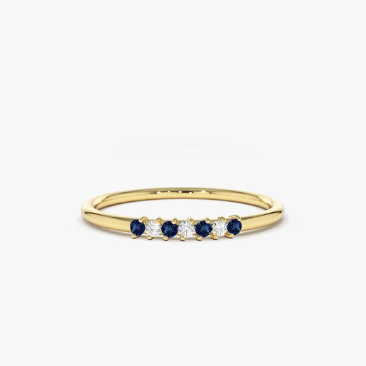 14k Gold Sapphire and Diamond Round Cut Petite Ring 0.11 ctw
