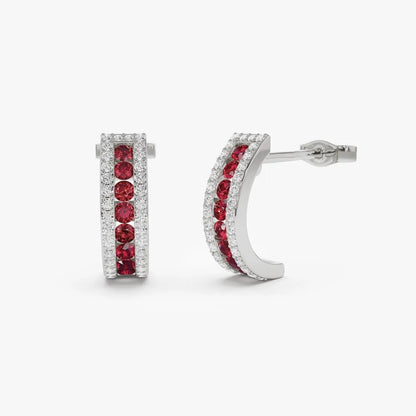 14k Gold Ruby and Diamond Round Cut Hoop Earrings 0.80 ctw