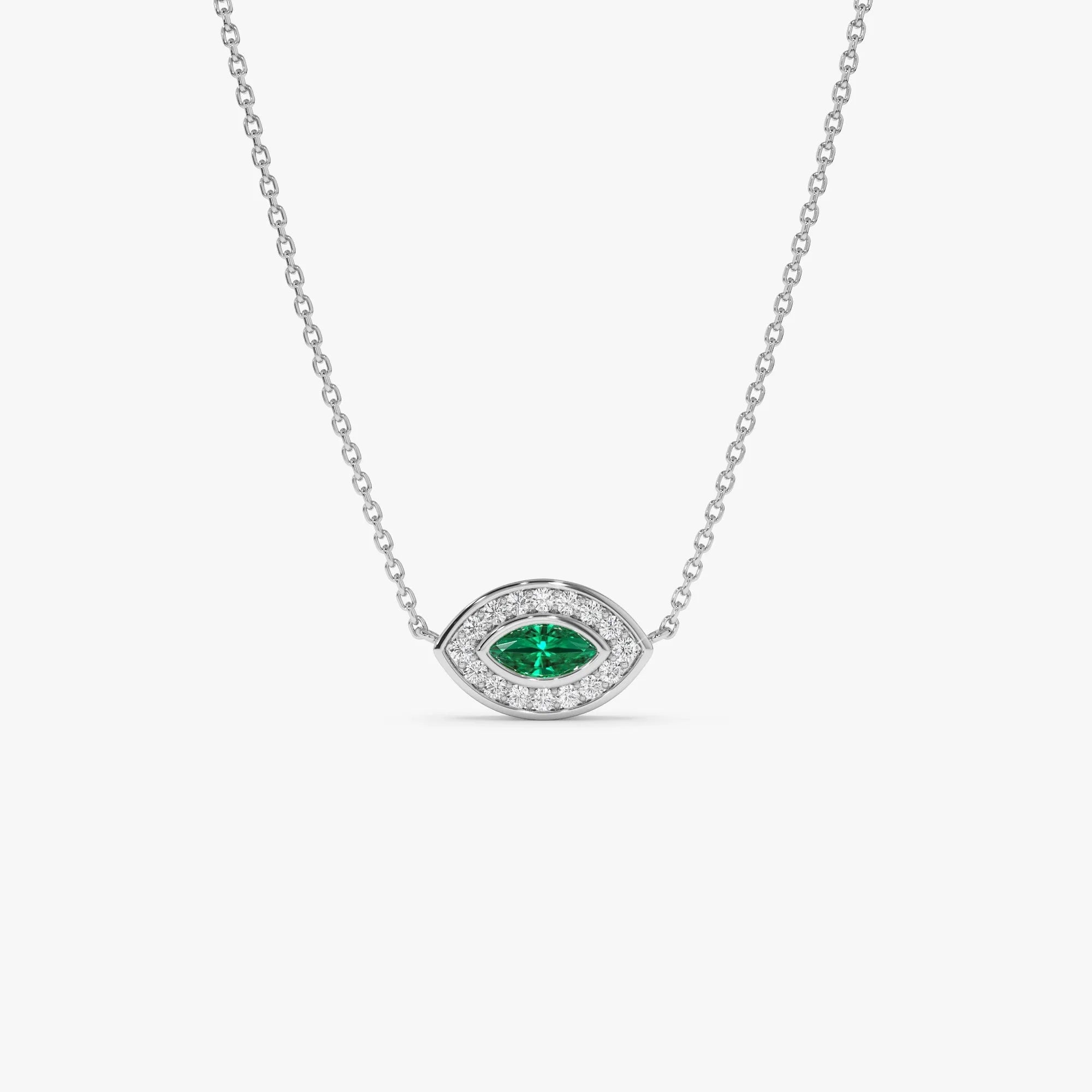 14k Solid Gold Marquise Emerald 0.18 CTW and Round Diamond 0.13 CTW Halo Pendant Necklace