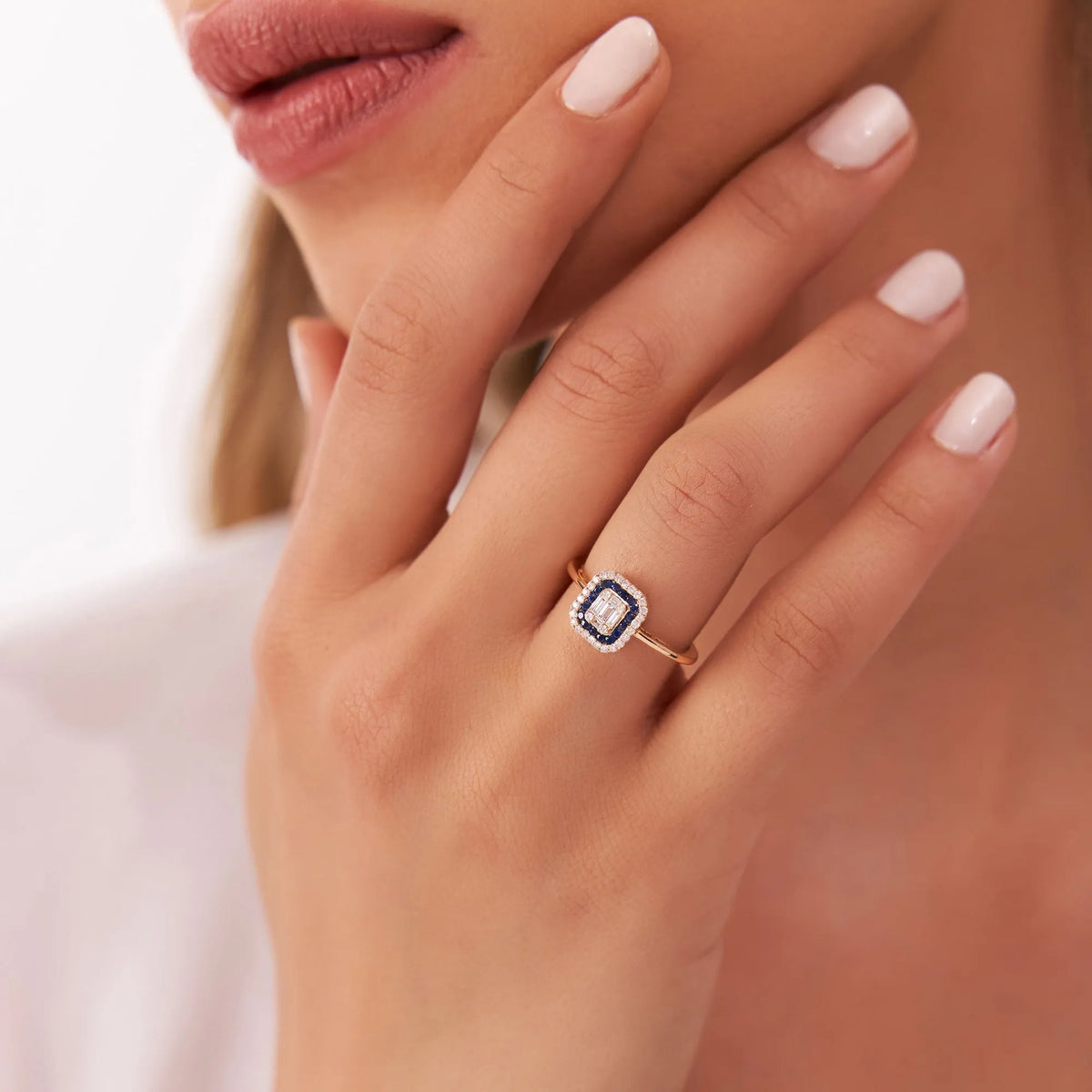 14k Gold Sapphire and Diamond Baguette and Round Cut Halo Setting Ring 0.47 ctw