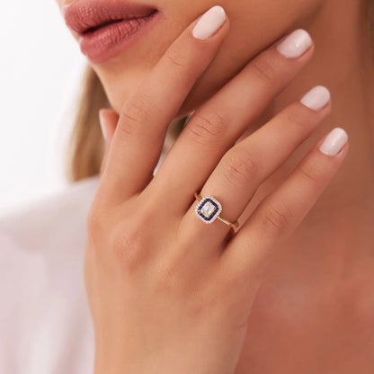 14k Gold Sapphire and Diamond Baguette and Round Cut Halo Setting Ring 0.47 ctw