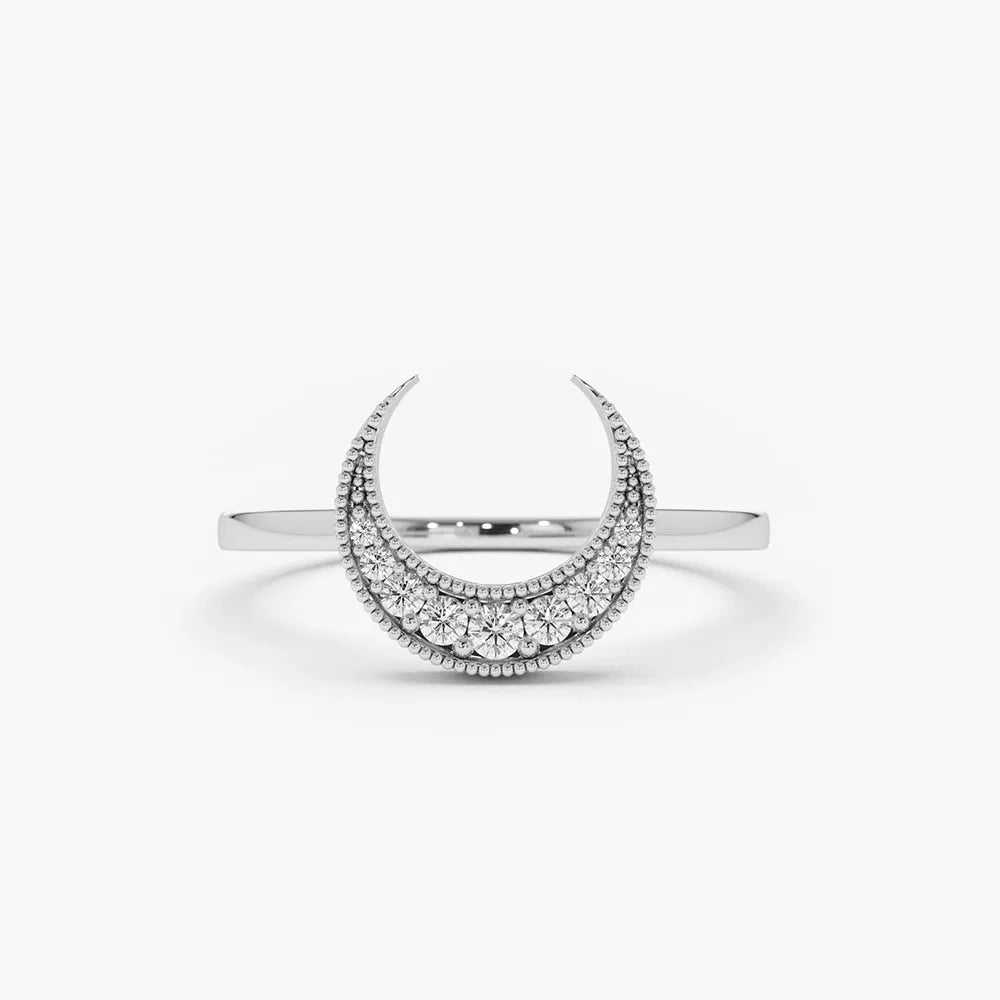 14K Gold 0.12ctw Round Diamond Crescent Moon Micro Pave Ring