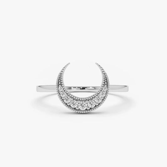 14K Gold 0.12ctw Round Diamond Crescent Moon Micro Pave Ring
