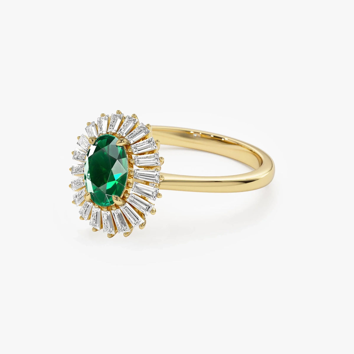 14K Solid Gold Oval Emerald and Baguette Diamond Ballerina Ring 0.65 CTW