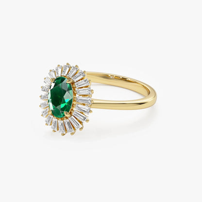 14K Solid Gold Oval Emerald and Baguette Diamond Ballerina Ring 0.65 CTW