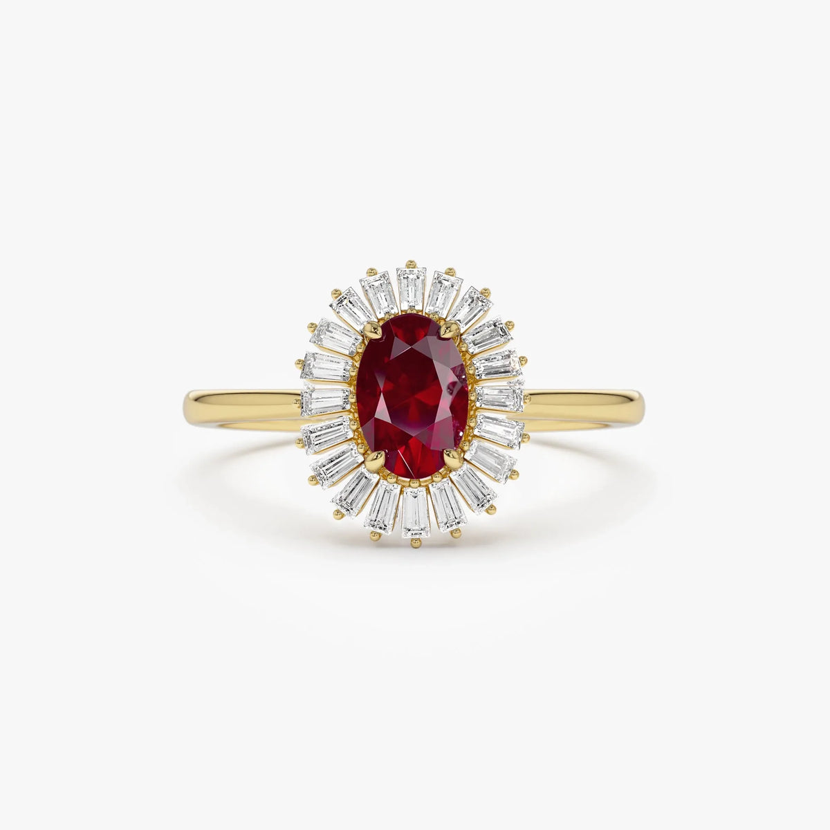 14k Gold Ruby and Diamond Oval and Baguette Cut Ballerina Ring 0.75 ctw