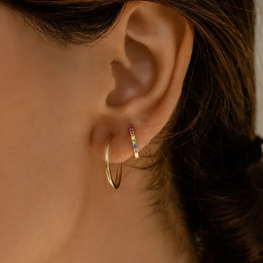 14K Solid Gold Multi Color Rainbow Gemstone Huggie Hoop Earrings 0.25 CTW