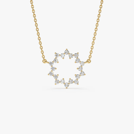 14K Solid Gold 0.40 CTW Round Diamond Sun Circle Necklace Prong Setting