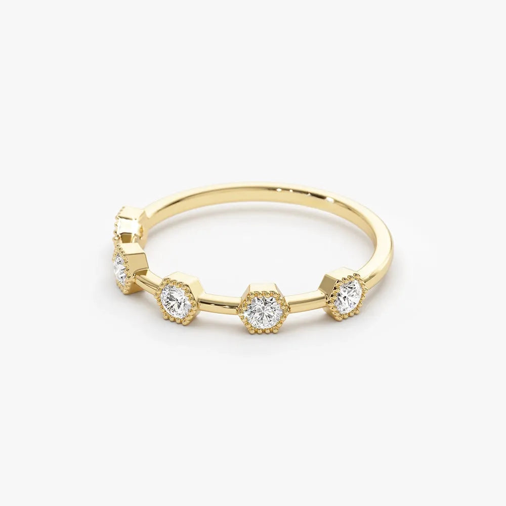 14k Gold Hexagon Milgrain Five Stone Round Diamond Ring 0.32 ctw