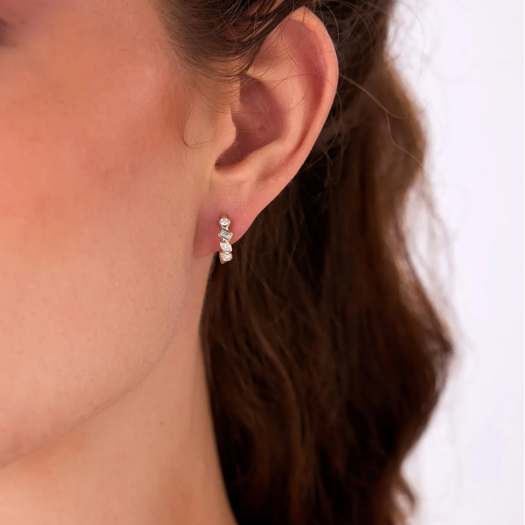 14k Gold Diamond Mixed Cut Baguette Marquise Pear Round Huggie Hoop Earrings 0.40 ctw