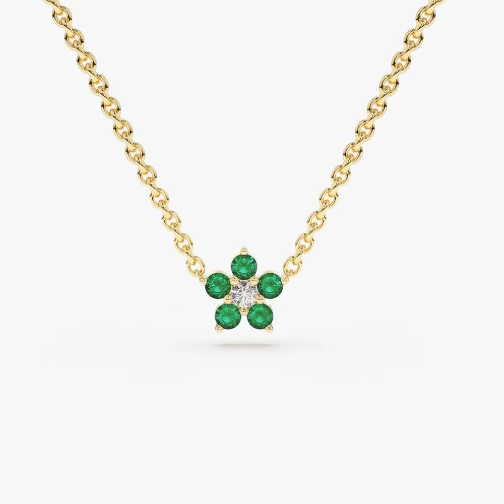 14k Solid Gold Round Emerald and Diamond Flower Charm Necklace 0.12 CTW Emerald 0.04 CTW Diamond Prong Setting