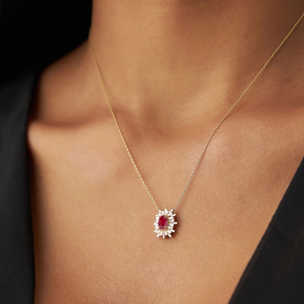 14k Solid Gold Ruby and Diamond Oval Baguette Ballerina Necklace 0.71 Carat Prong Setting