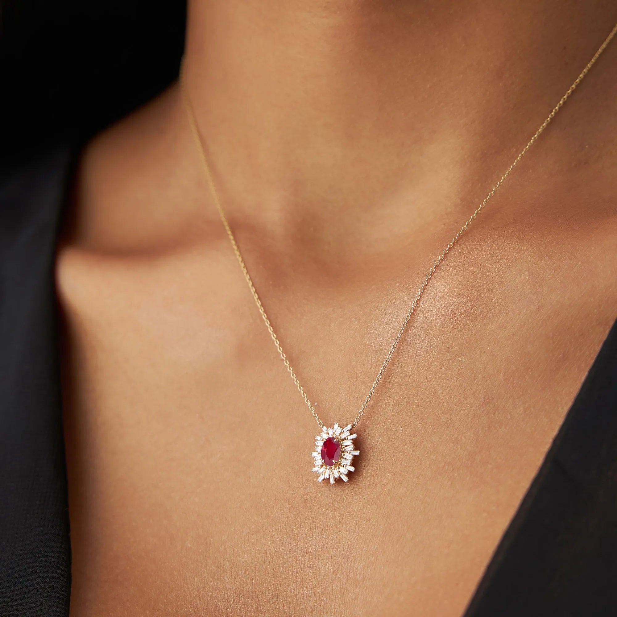14k Solid Gold Ruby and Diamond Oval Baguette Ballerina Necklace 0.71 Carat Prong Setting
