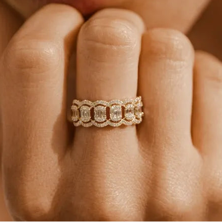 14k Gold Baguette Diamond 1.00ctw Halo Micro Pave Illusion Ring